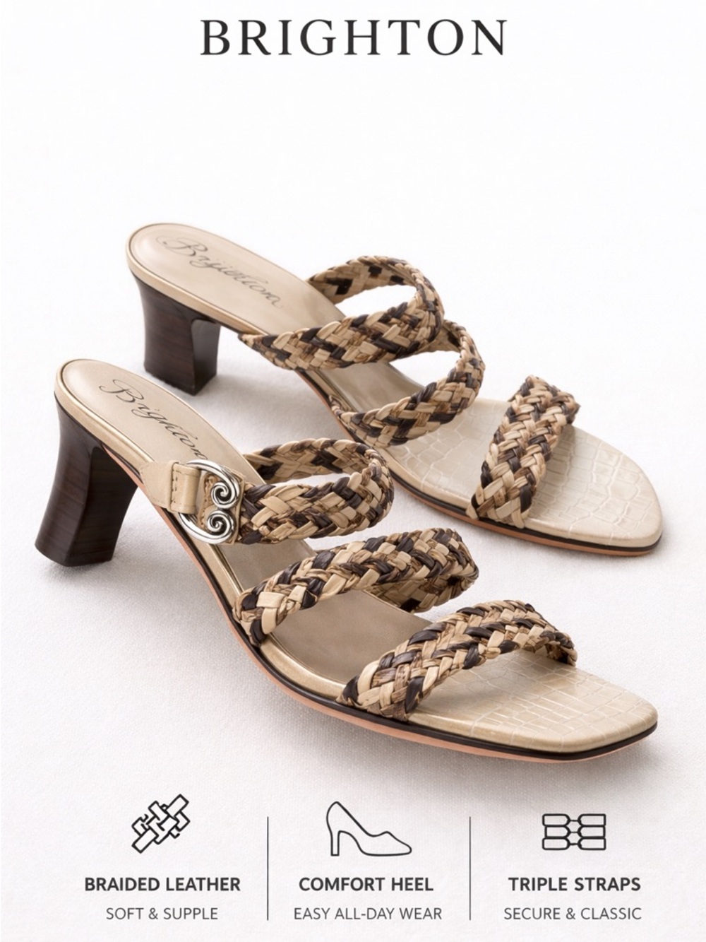 Brighton Tress Braided Leather Heels Sz 10 Brown Cream Slingback